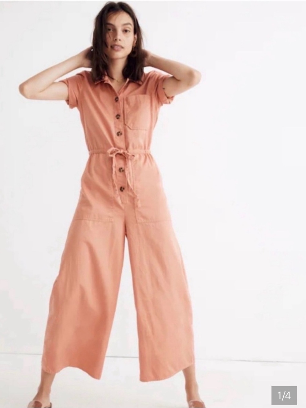 Madewell Peach Button-Front Wide-Leg Jumpsuit